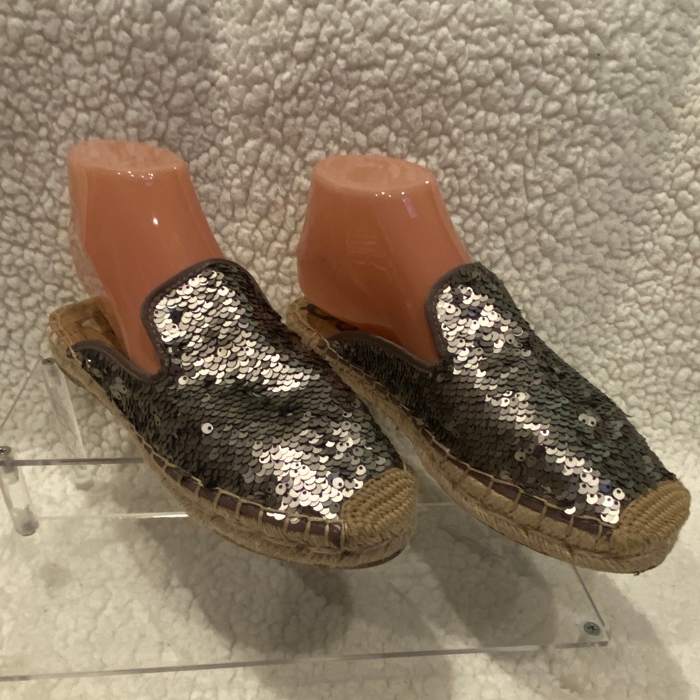 Sam Edelman Kerry Pewter Silver Sequins Espadrilles Slip-on Mules Shoes Sz 8 EUC - Picture 2 of 9
